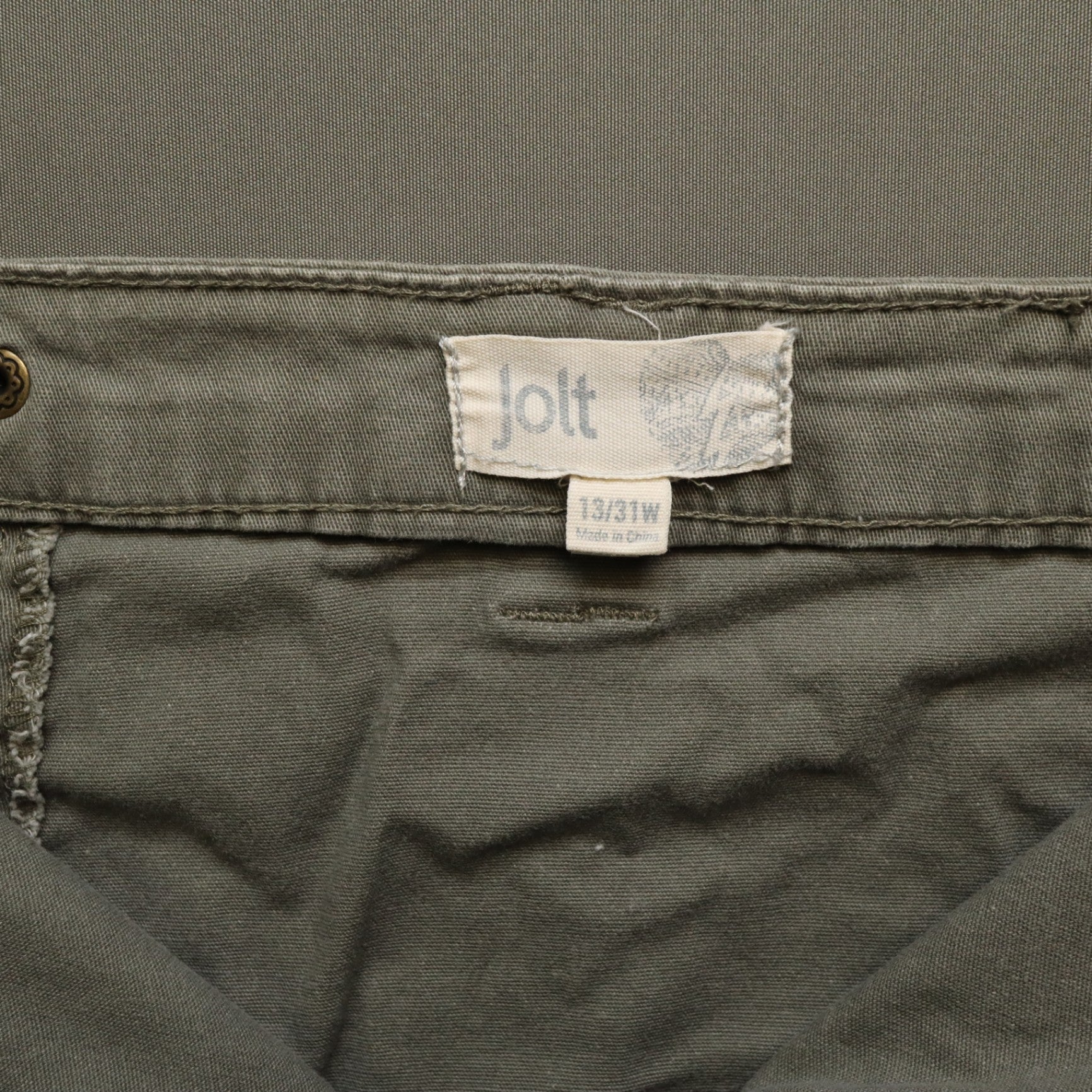 Jolt Olive Green Button Front Mini Skirt Size 13/31W Utility Cargo Pockets A-Line