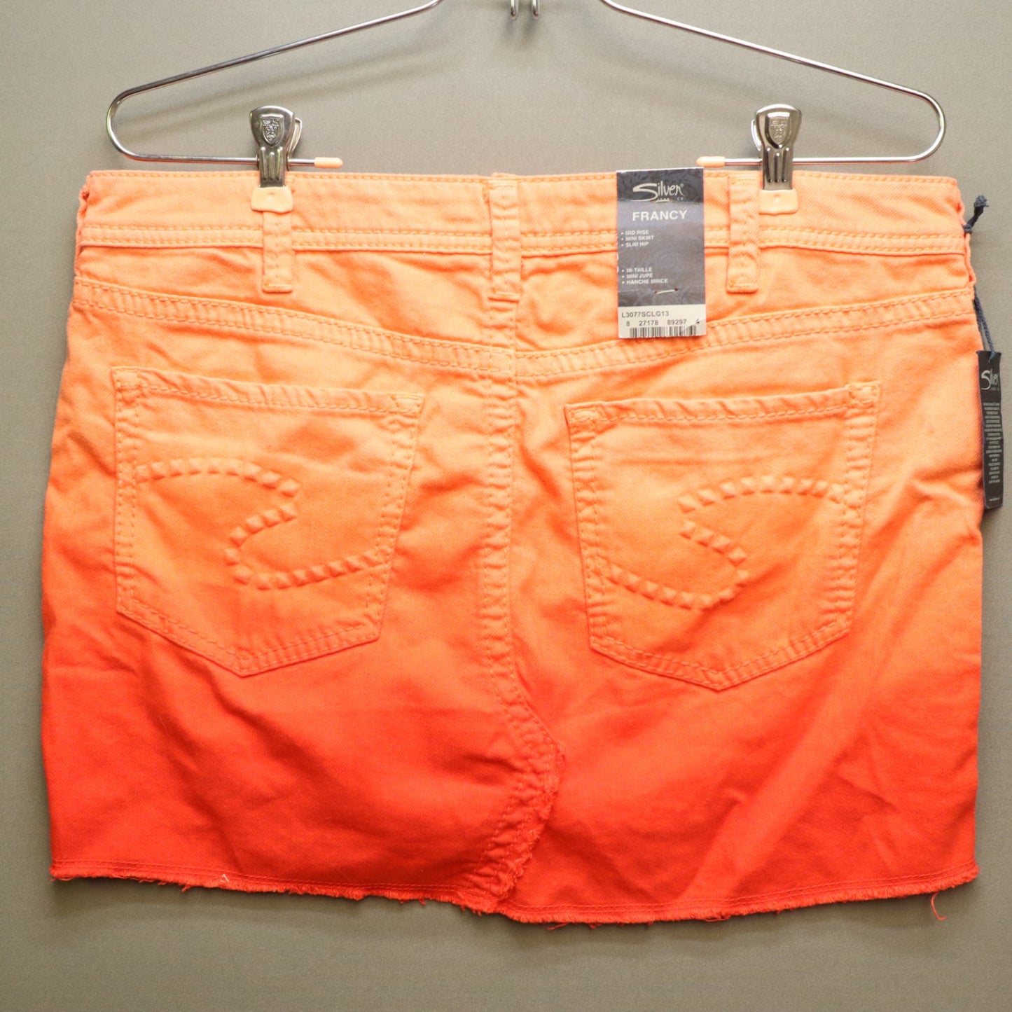 NWT Silver Jeans Co Francy Ombre Denim Mini Skirt W30 Orange Raw Hem Sunset