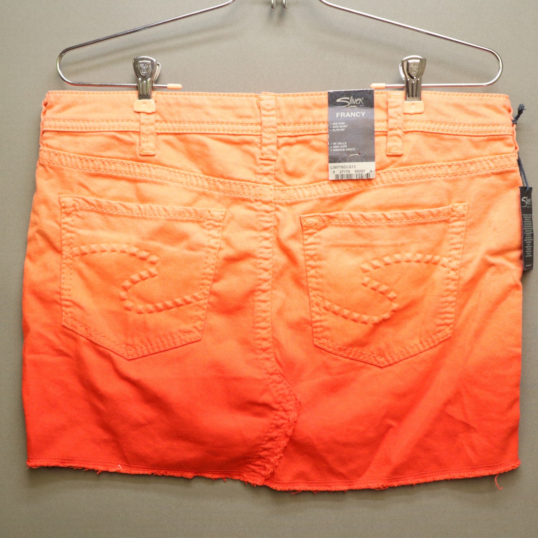 NWT Silver Jeans Co Francy Ombre Denim Mini Skirt W30 Orange Raw Hem Sunset