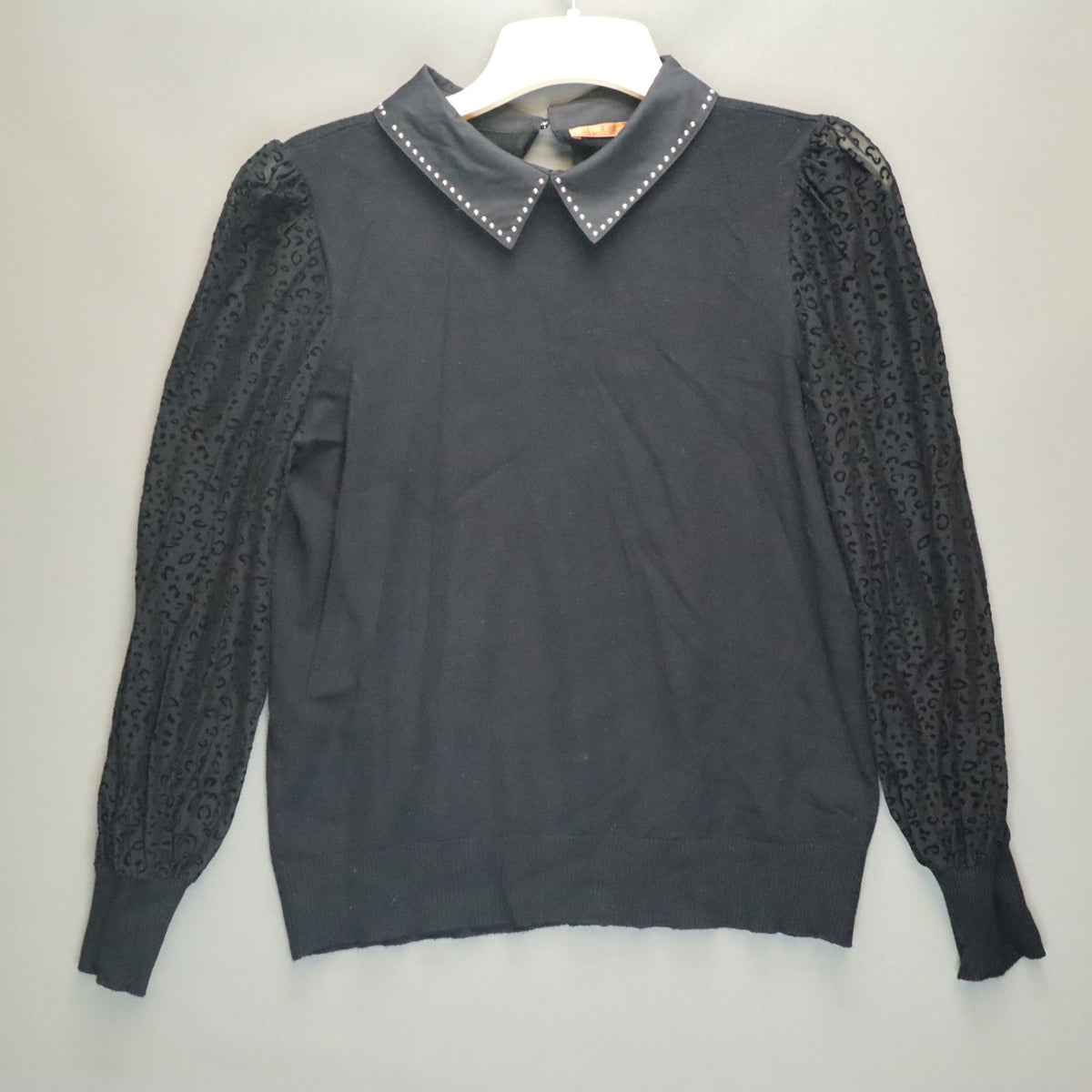 Belldini Black Sweater Collared Studded Sheer Leopard Mesh Long Sleeve Top XS