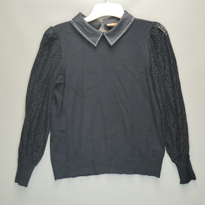 Belldini Black Sweater Collared Studded Sheer Leopard Mesh Long Sleeve Top XS