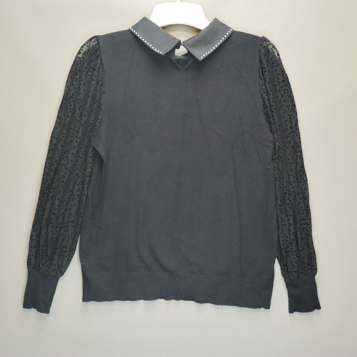 Belldini Black Sweater Collared Studded Sheer Leopard Mesh Long Sleeve Top XS