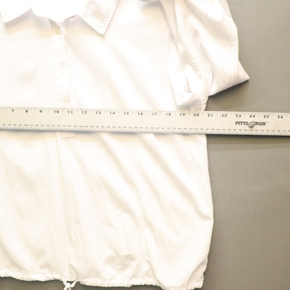 Tommy Hilfiger White Drawstring Hem Polo Shirt Womens Large Long Roll Tab Sleeve