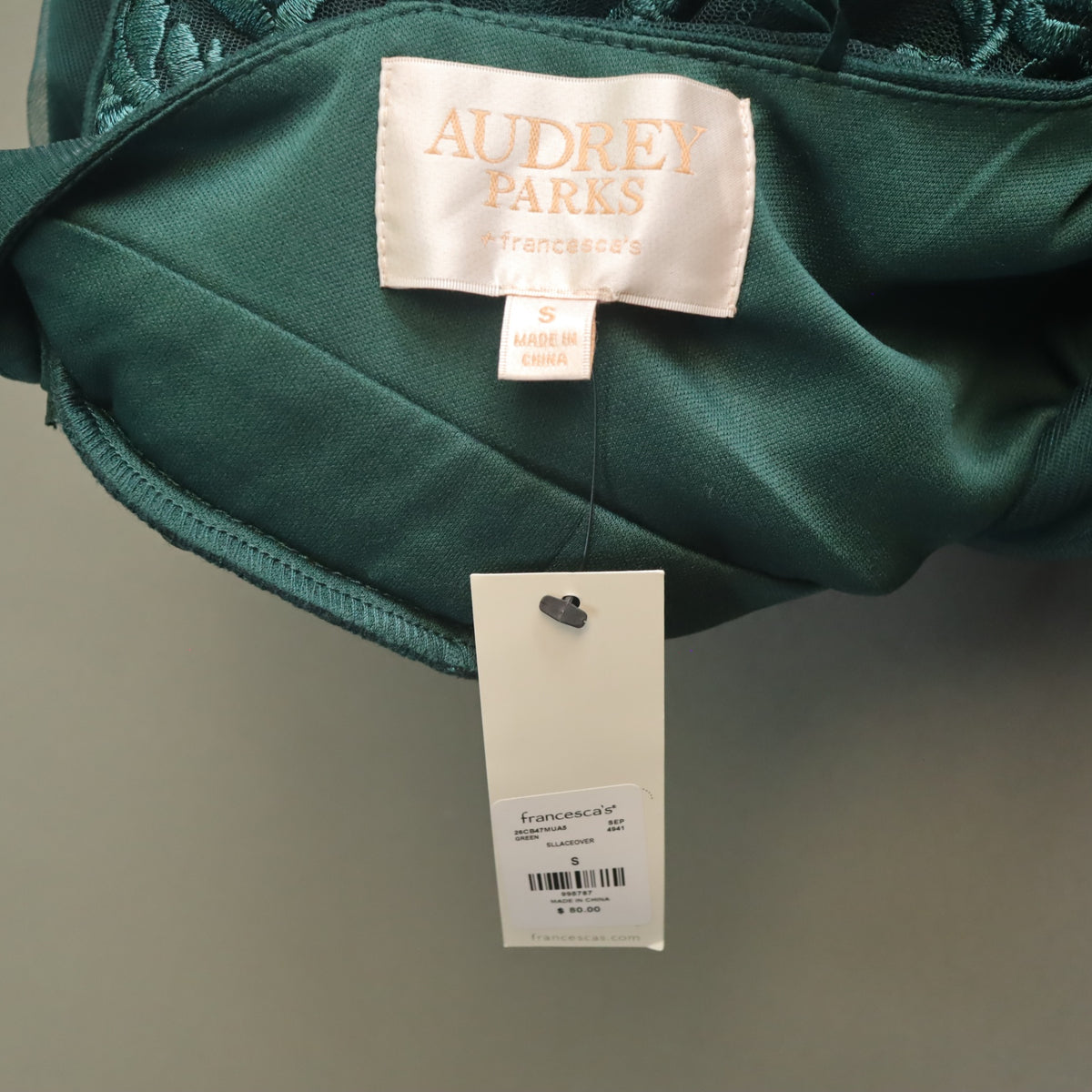 NWT Audrey Parks Francesca's Emerald Green Floral Embroidered Mini Dress Small