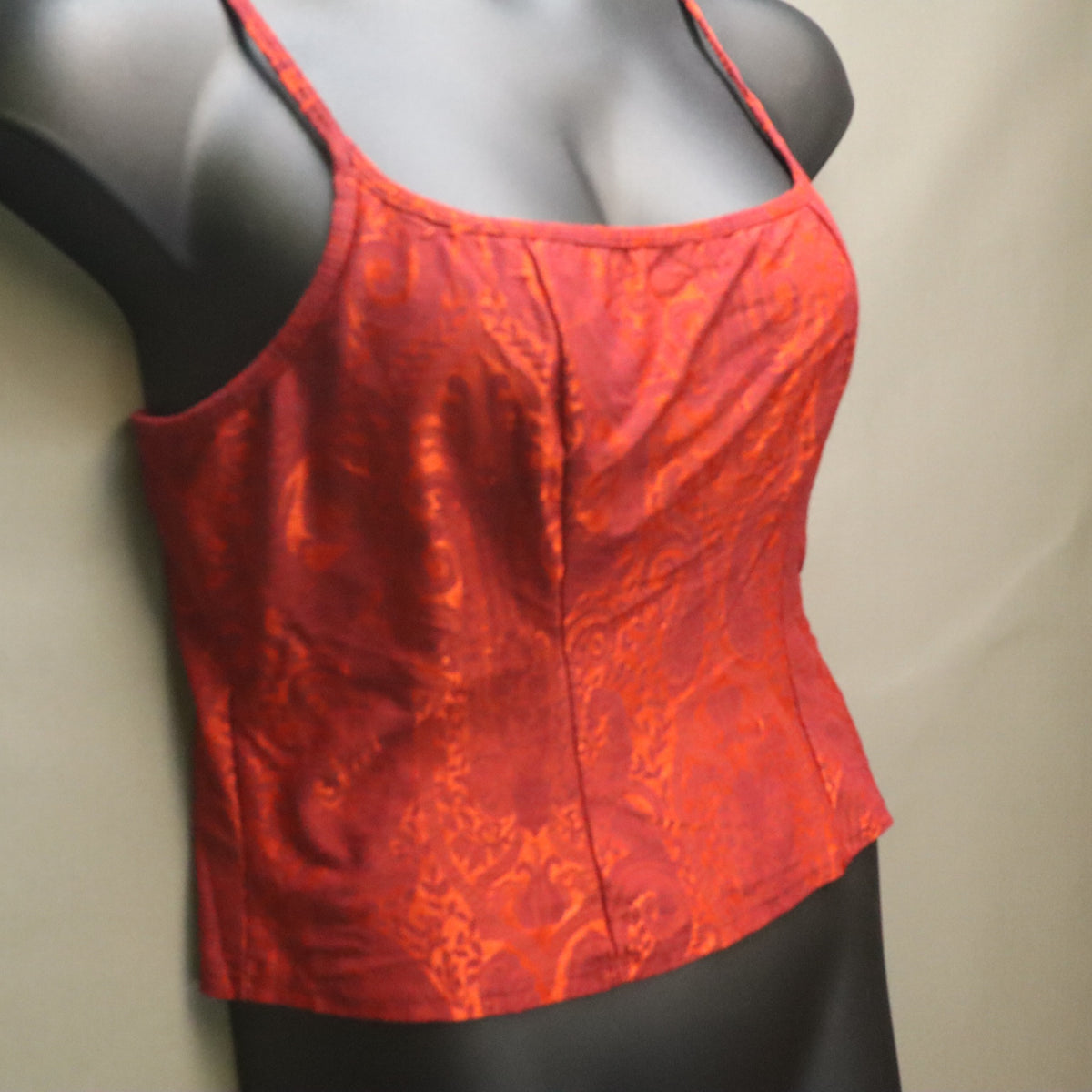 Vintage Y2K Red Orange Paisley Jacquard Cami Tank Top Corset Style Cami M