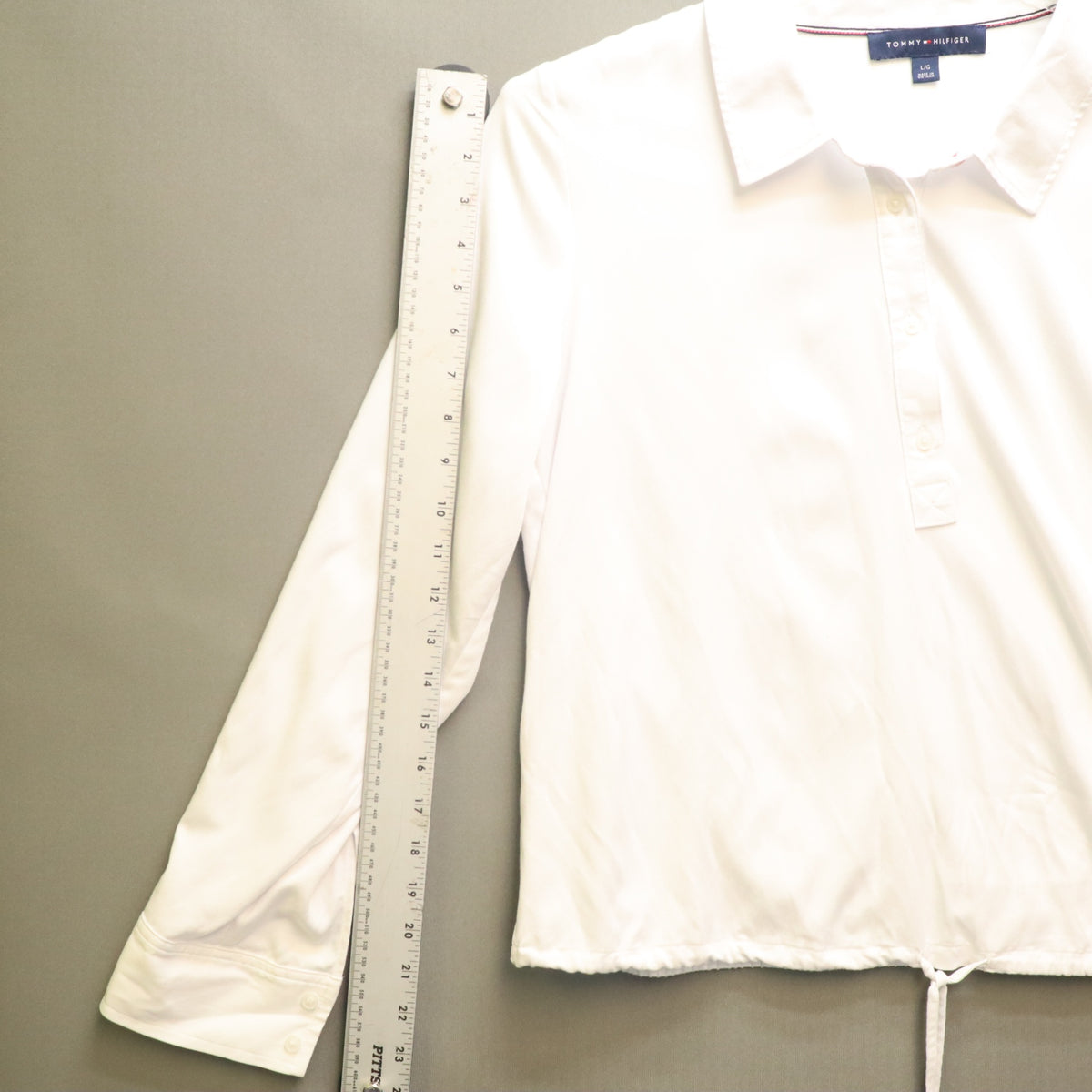Tommy Hilfiger White Drawstring Hem Polo Shirt Womens Large Long Roll Tab Sleeve