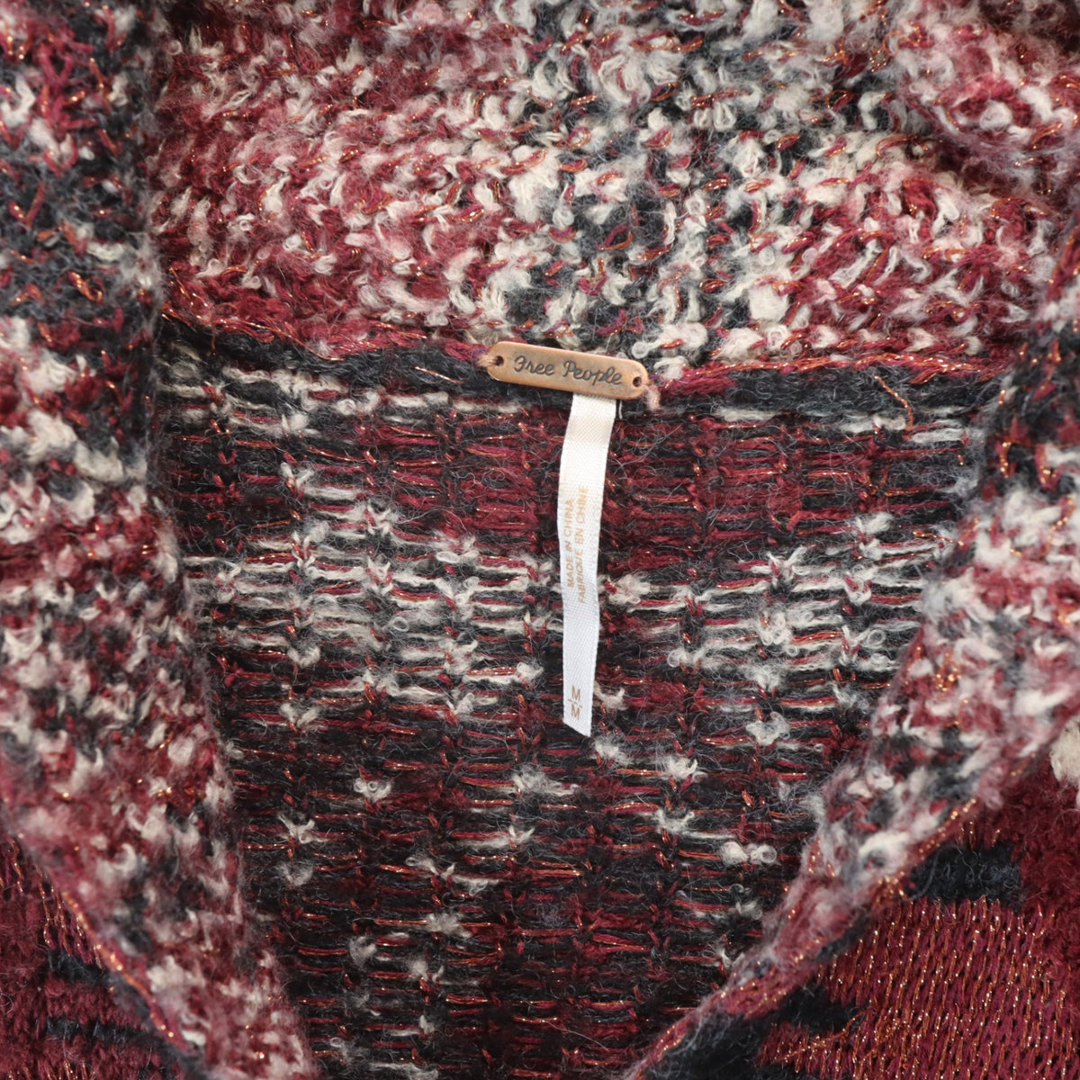 Free People Oversized Open Front Cardigan Sweater Medium Burgundy Metallic Knit