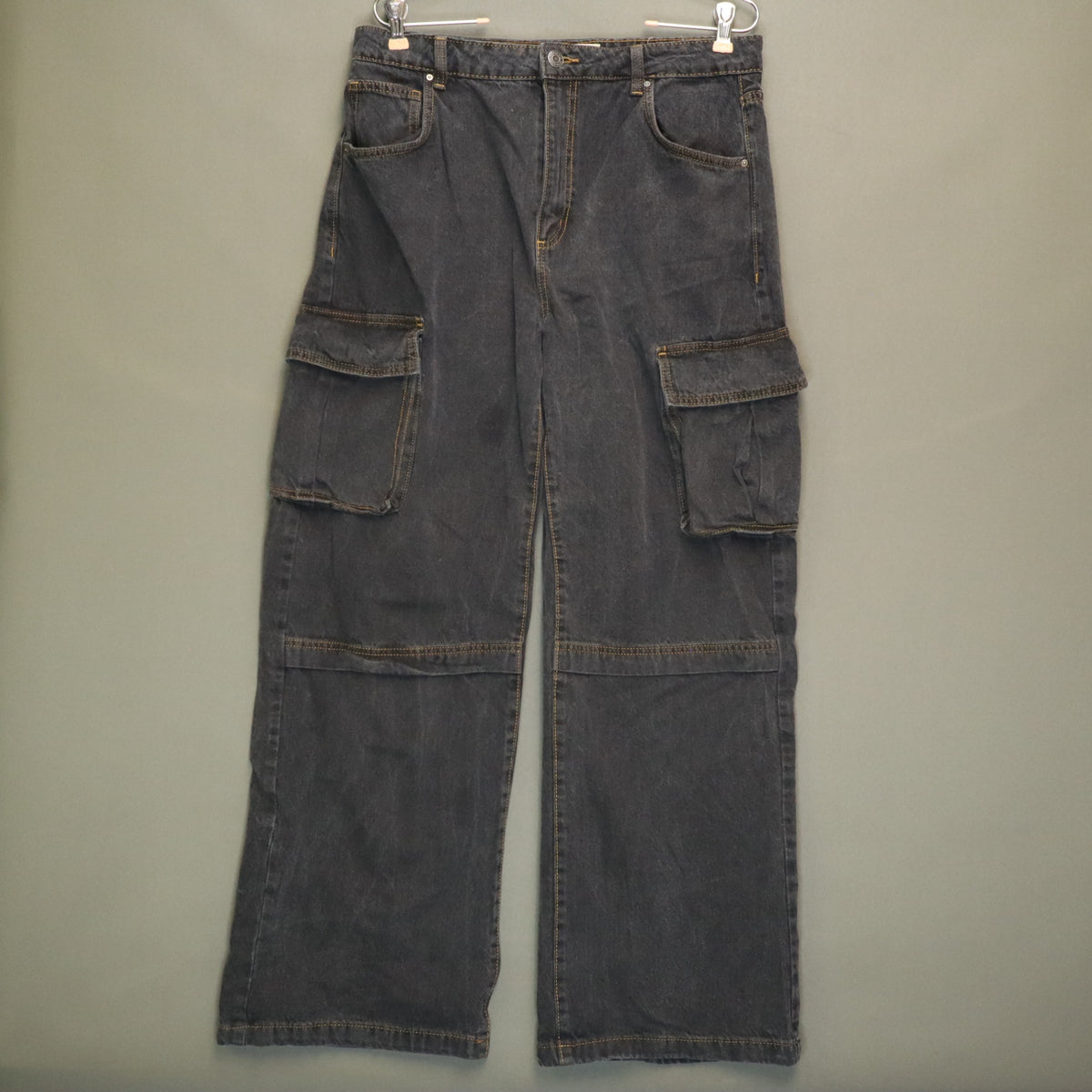 Cotton On Curvy Cargo Black Denim Jeans Womens Size 32 High Rise Wide Leg Pants