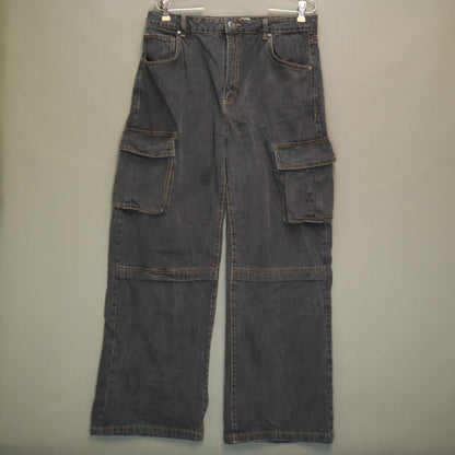 Cotton On Curvy Cargo Black Denim Jeans Womens Size 32 High Rise Wide Leg Pants