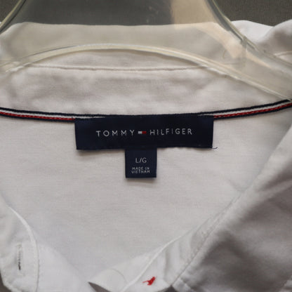 Tommy Hilfiger White Drawstring Hem Polo Shirt Womens Large Long Roll Tab Sleeve
