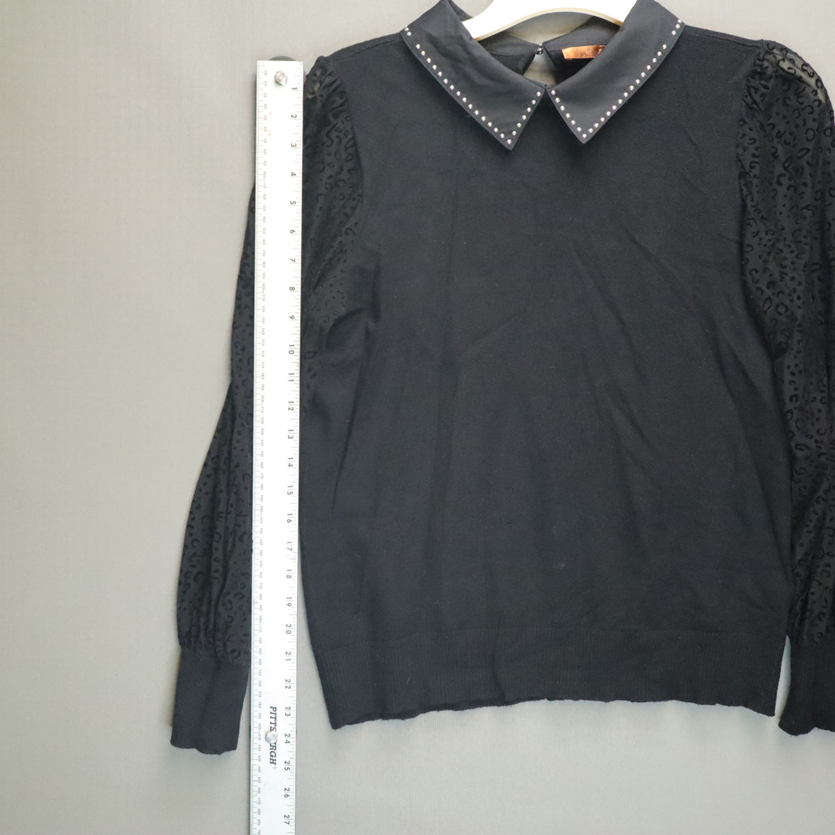 Belldini Black Sweater Collared Studded Sheer Leopard Mesh Long Sleeve Top XS