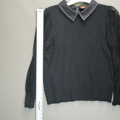 Belldini Black Sweater Collared Studded Sheer Leopard Mesh Long Sleeve Top XS