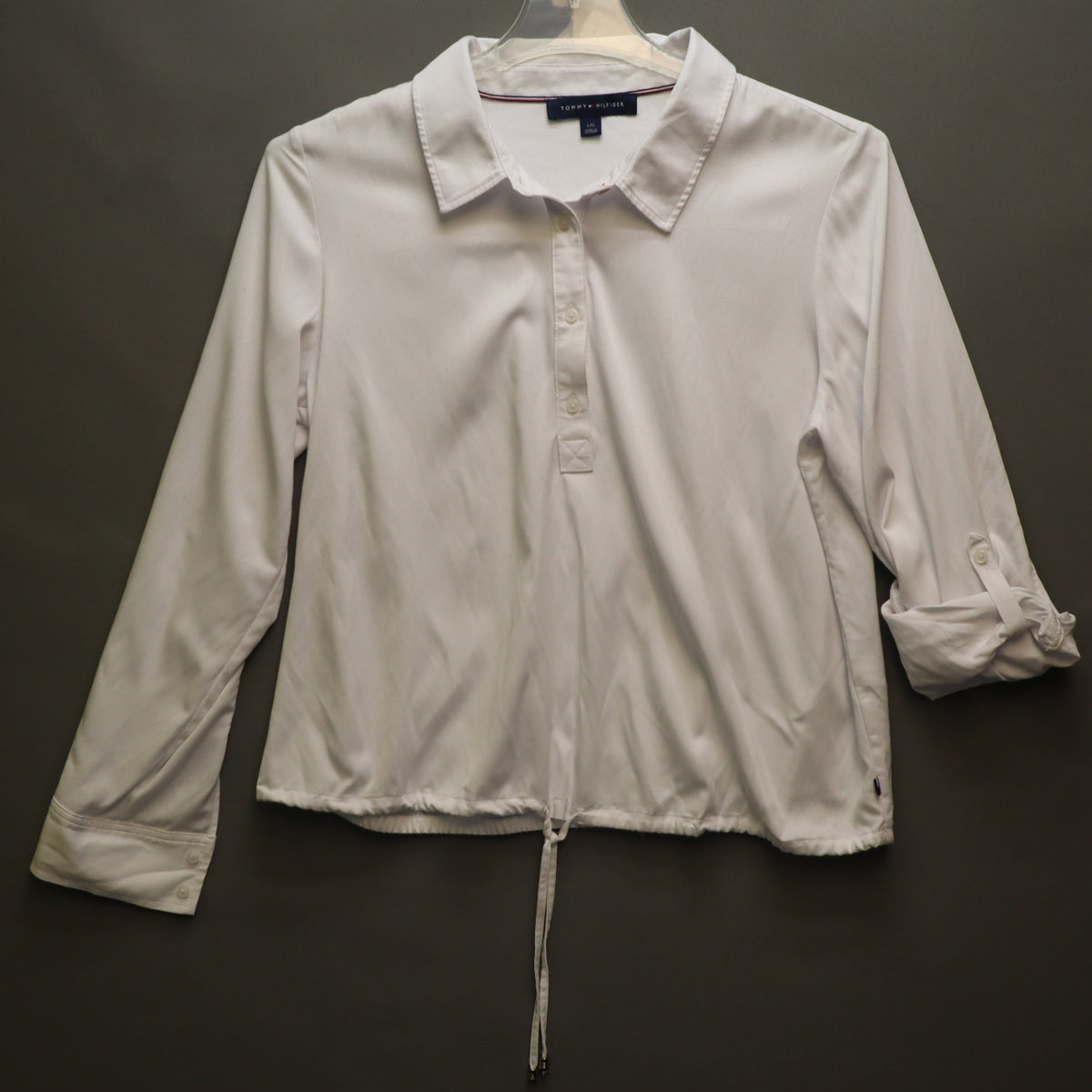 Tommy Hilfiger White Drawstring Hem Polo Shirt Womens Large Long Roll Tab Sleeve