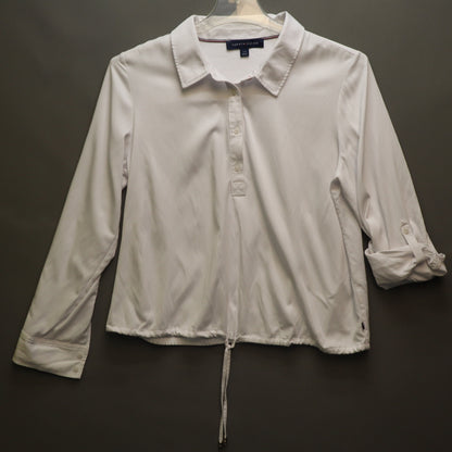 Tommy Hilfiger White Drawstring Hem Polo Shirt Womens Large Long Roll Tab Sleeve