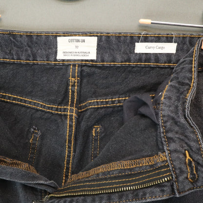 Cotton On Curvy Cargo Black Denim Jeans Womens Size 32 High Rise Wide Leg Pants
