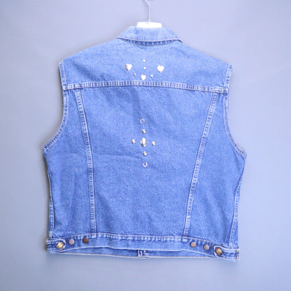 Vintage Western Studded Denim Vest Sleeveless Cutoff Trucker Jacket Hearts Stars