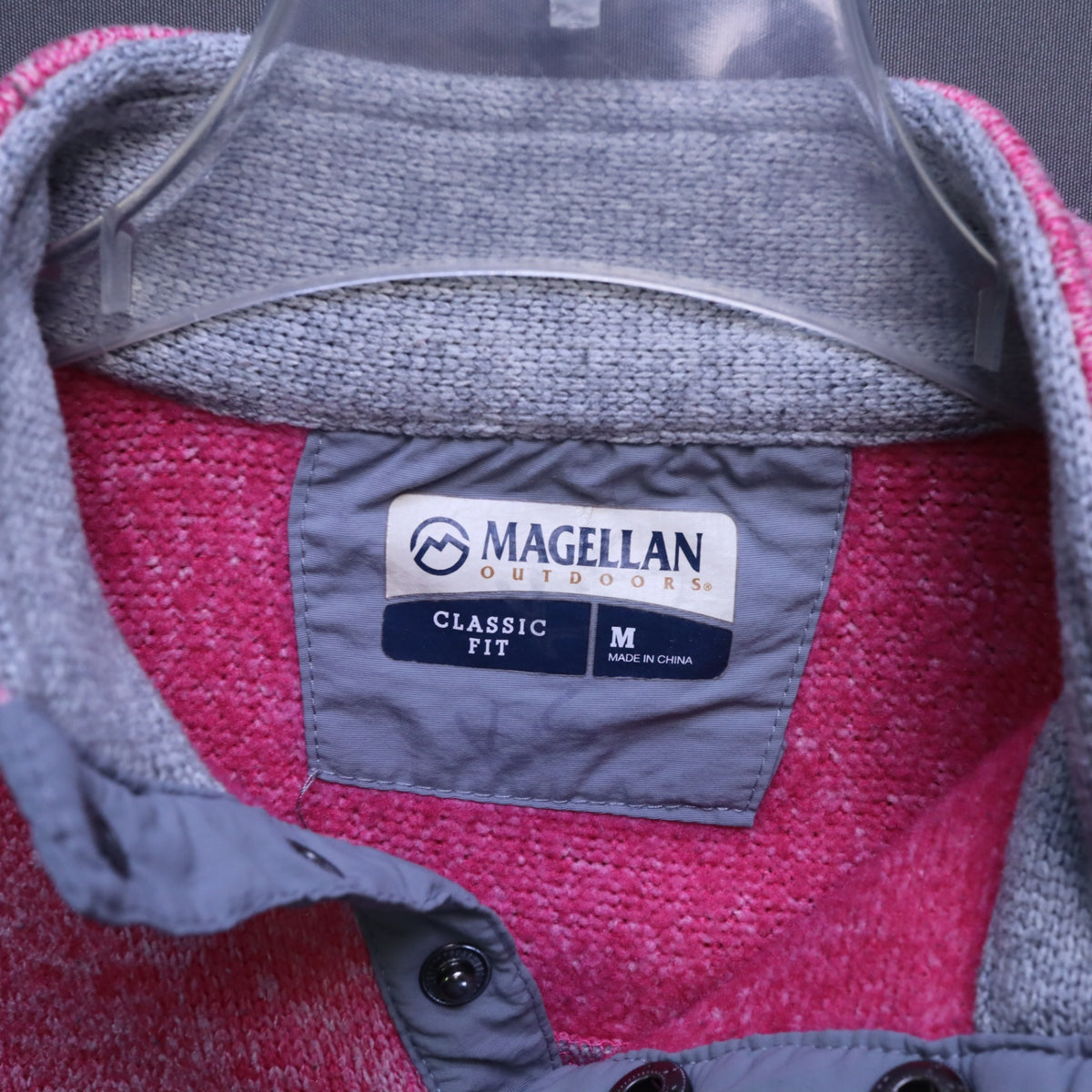 Magellan Outdoors Girls Medium Heather Pink Grey Sweater Knit Snap Fleece Pullover