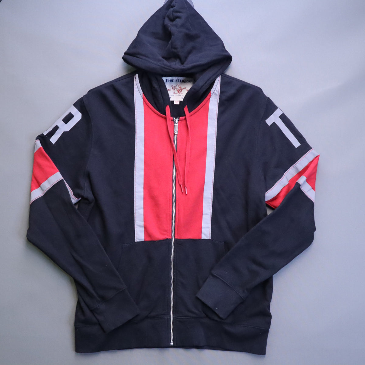 True Religion Mens 2XL Full Zip Hoodie Black Red Stripe Horseshoe Big Logo 2TG