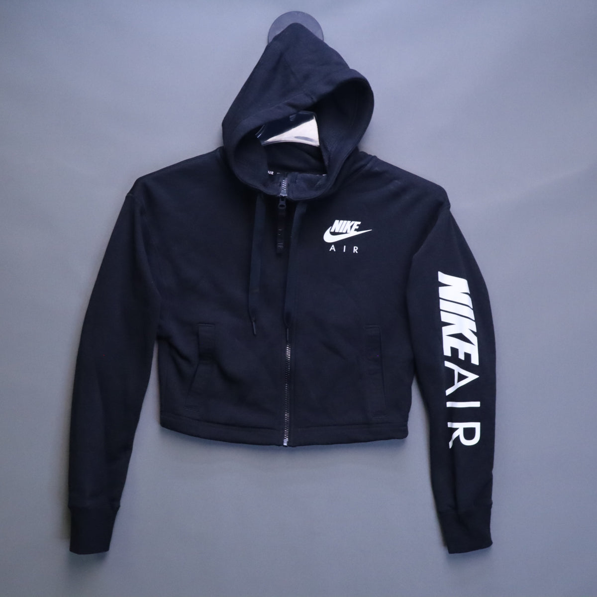 Nike Air Full Zip Cropped French Terry Hoodie Womens XS Black Spellout Sleeve