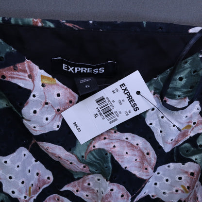 NWT Express Womens XL Black Floral Eyelet Romper Tie Waist Tiered Camisole $98