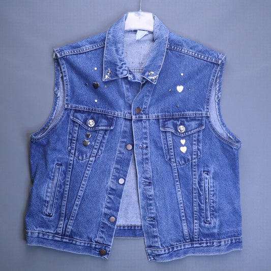 Vintage Western Studded Denim Vest Sleeveless Cutoff Trucker Jacket Hearts Stars
