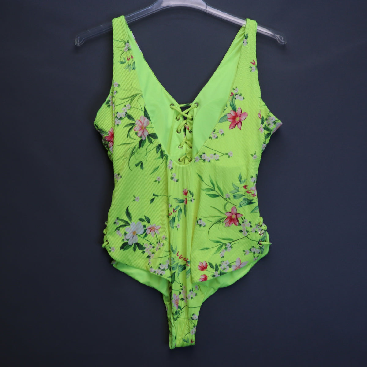 NWT Coastal Waves Neon Lime Green Ribbed Floral Lace Up One-Piece Swimsuit 3X