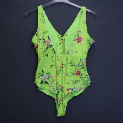 NWT Coastal Waves Neon Lime Green Ribbed Floral Lace Up One-Piece Swimsuit 3X