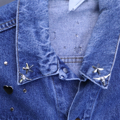 Vintage Western Studded Denim Vest Sleeveless Cutoff Trucker Jacket Hearts Stars