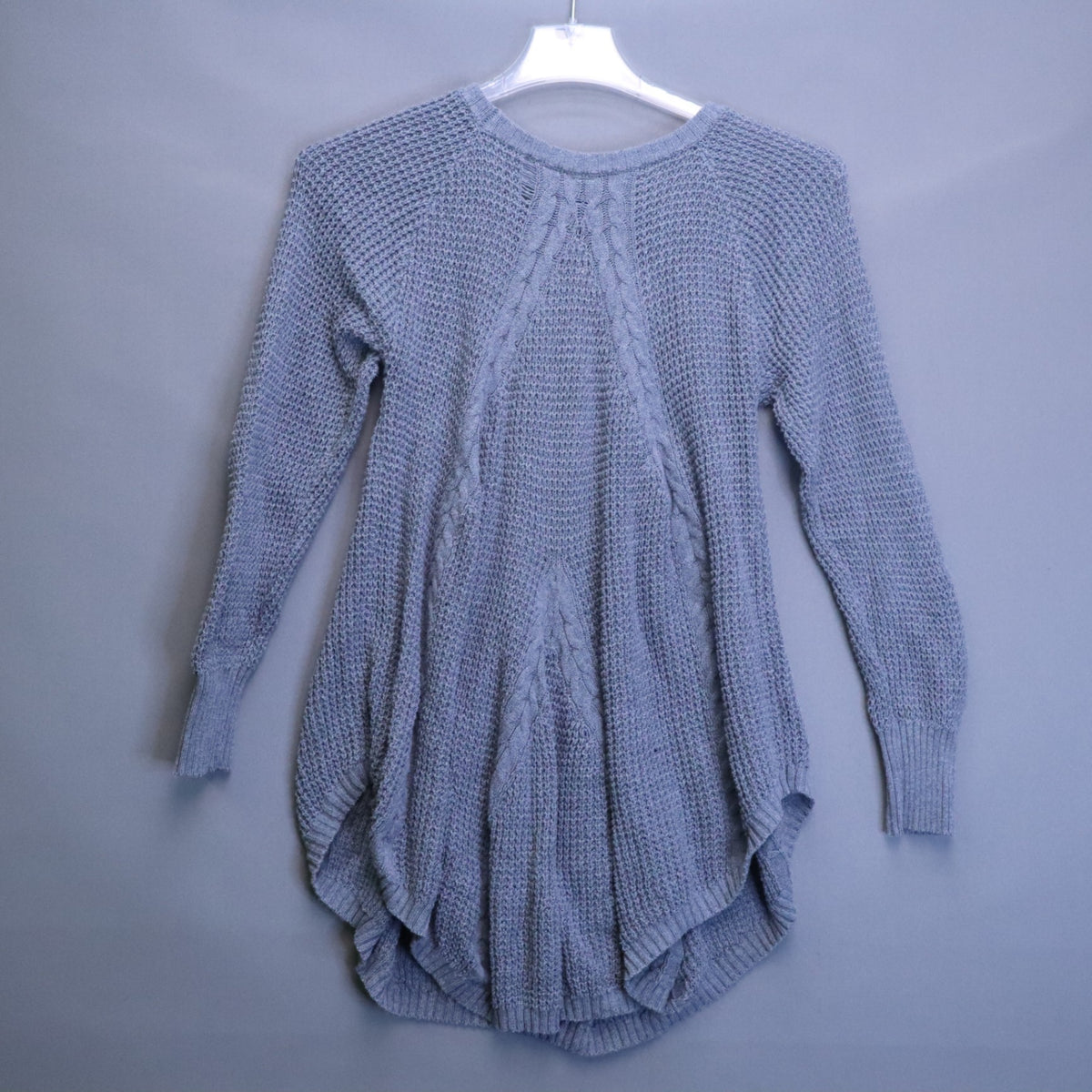 Grey Textured Knit Cocoon Tunic Sweater Womens Medium Cable Accent High Low Hem