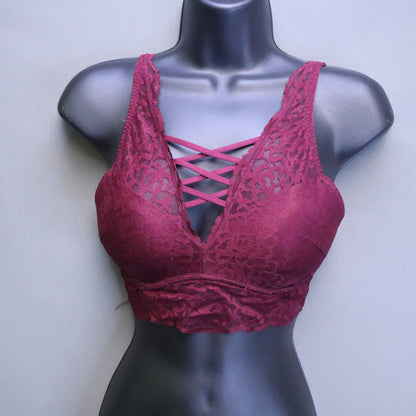 PINK Victoria's Secret Maroon Burgundy Lace Crisscross Push-Up Bralette Small