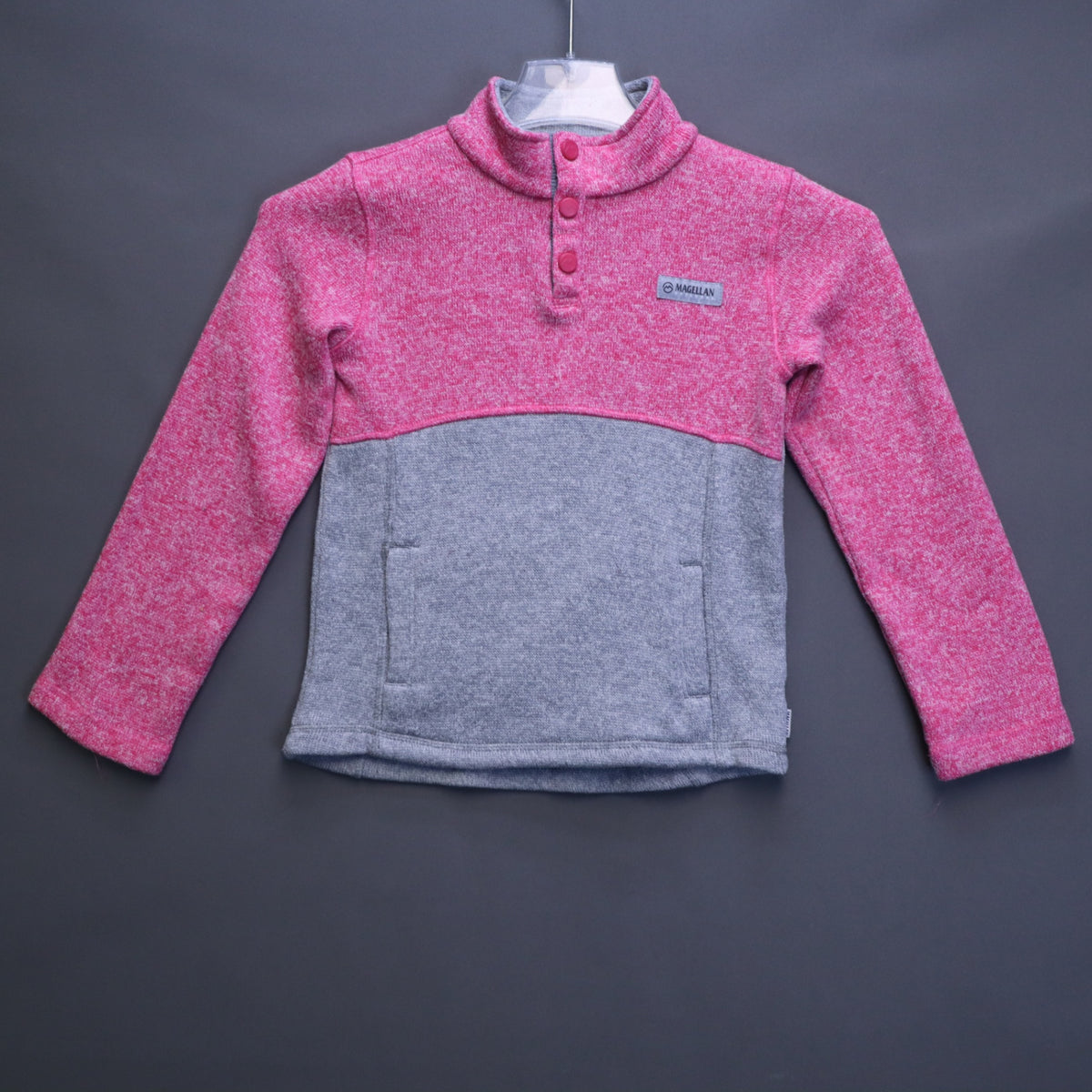Magellan Outdoors Girls Medium Heather Pink Grey Sweater Knit Snap Fleece Pullover