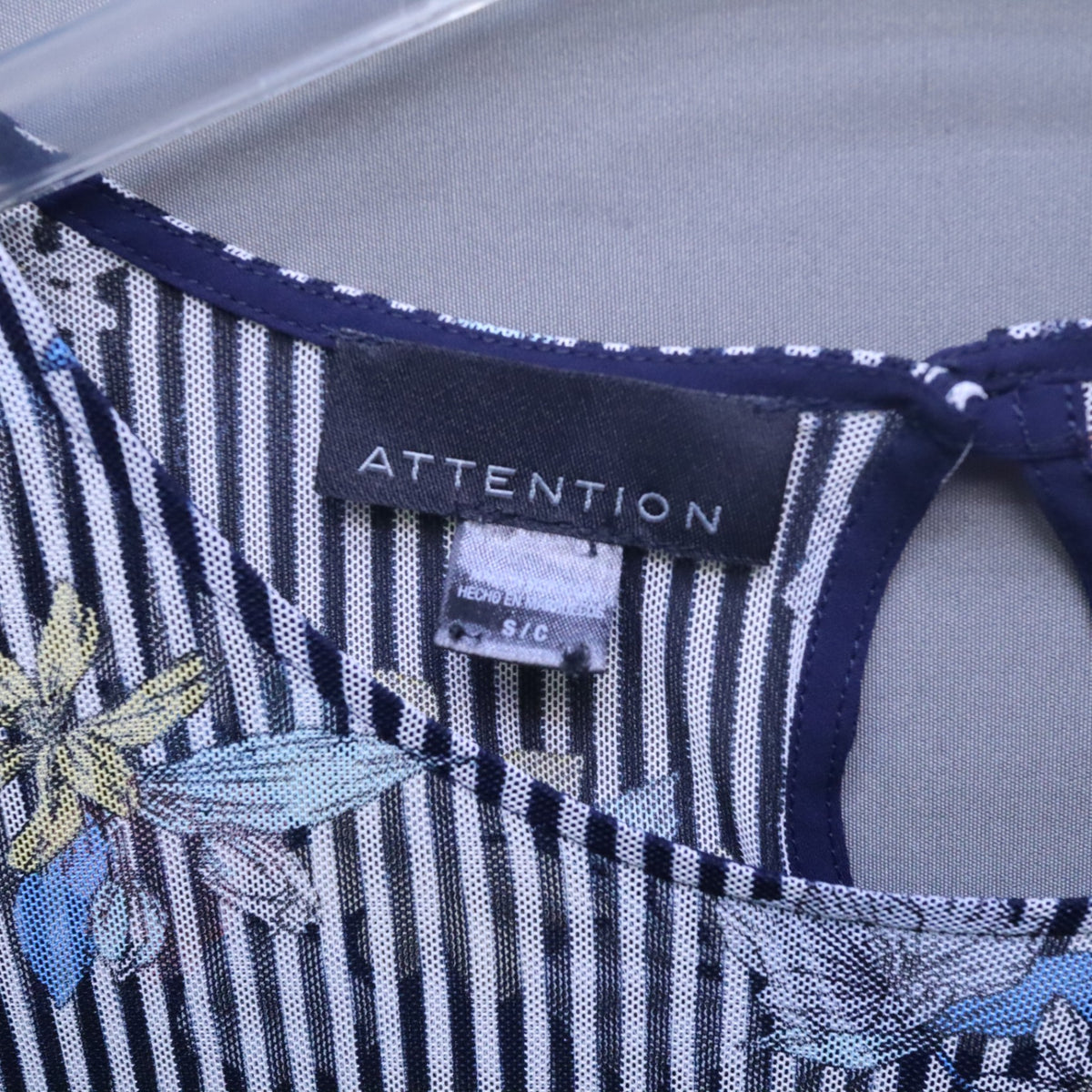 Attention Sheer Mesh Striped Floral Blouse Womens Small Tie Sleeve Keyhole Top S