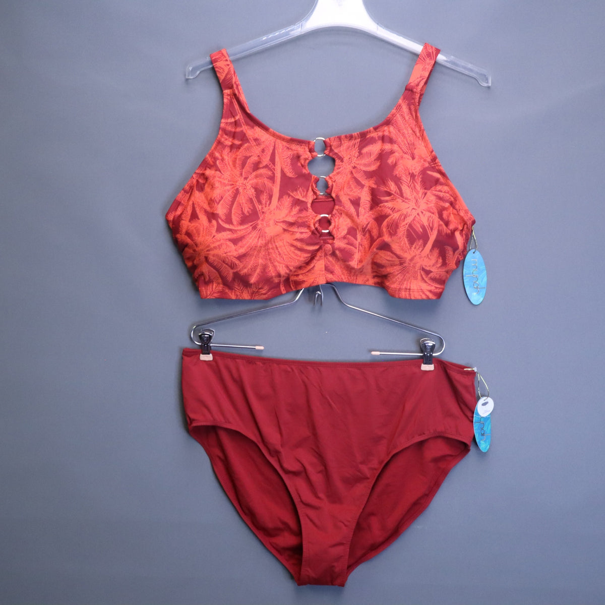 NWT Mynah 2-Piece Bikini Swimsuit Set Womens Plus Size 22W Red Palm O-Ring High Rise