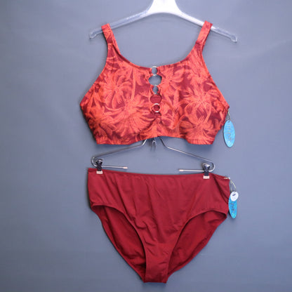 NWT Mynah 2-Piece Bikini Swimsuit Set Womens Plus Size 22W Red Palm O-Ring High Rise