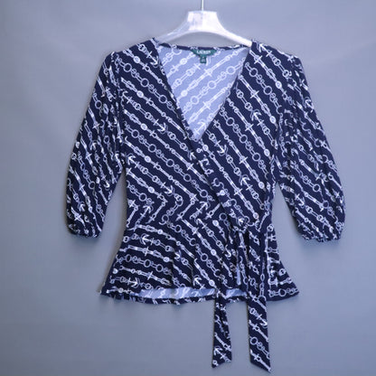Lauren Ralph Lauren Navy Chain Anchor Nautical Wrap Blouse Womens Medium Tie