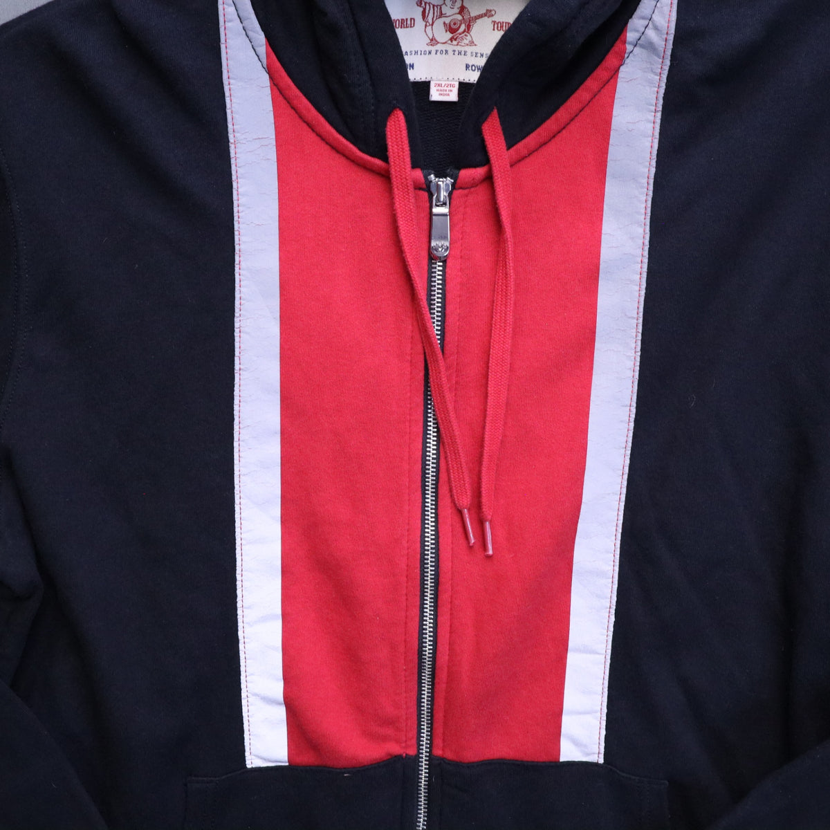 True Religion Mens 2XL Full Zip Hoodie Black Red Stripe Horseshoe Big Logo 2TG