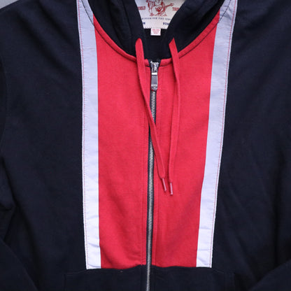 True Religion Mens 2XL Full Zip Hoodie Black Red Stripe Horseshoe Big Logo 2TG