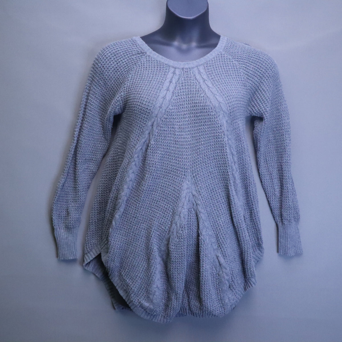 Grey Textured Knit Cocoon Tunic Sweater Womens Medium Cable Accent High Low Hem