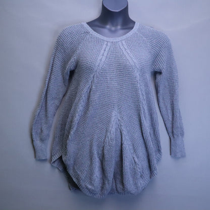 Grey Textured Knit Cocoon Tunic Sweater Womens Medium Cable Accent High Low Hem