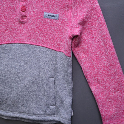 Magellan Outdoors Girls Medium Heather Pink Grey Sweater Knit Snap Fleece Pullover