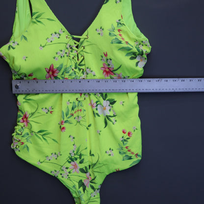 NWT Coastal Waves Neon Lime Green Ribbed Floral Lace Up One-Piece Swimsuit 3X