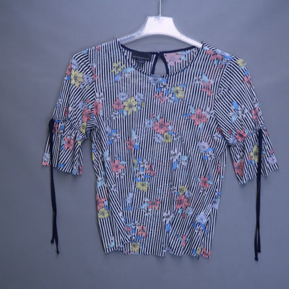 Attention Sheer Mesh Striped Floral Blouse Womens Small Tie Sleeve Keyhole Top S