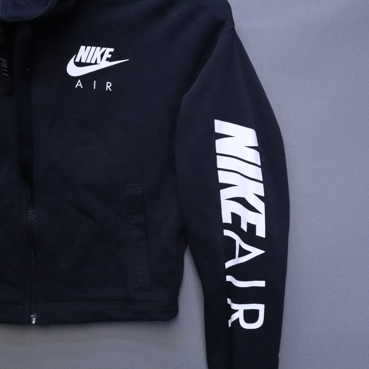 Nike Air Full Zip Cropped French Terry Hoodie Womens XS Black Spellout Sleeve