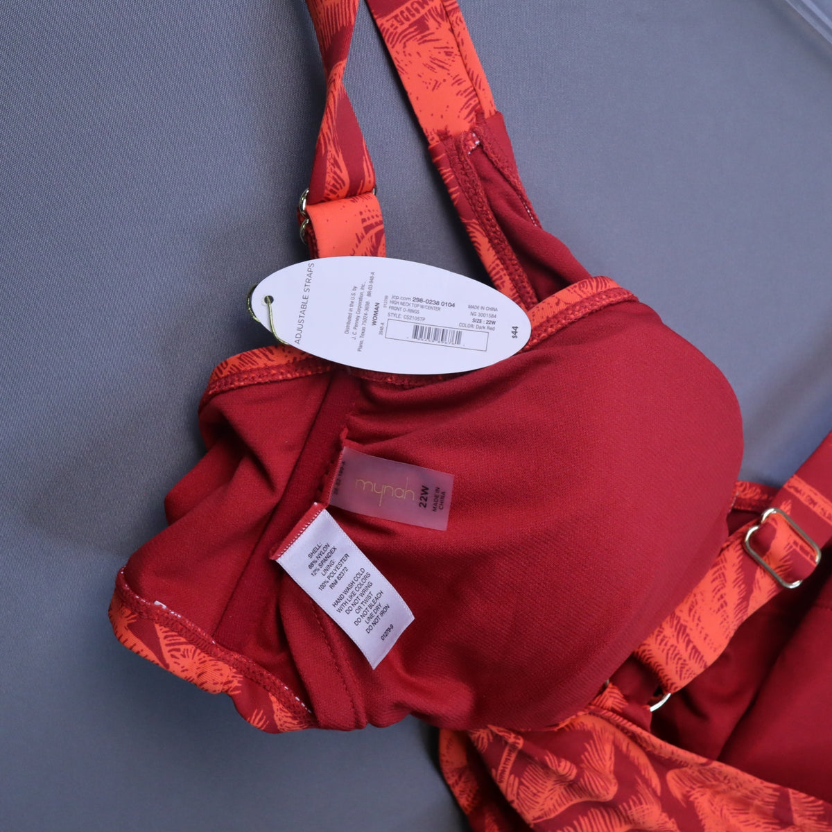NWT Mynah 2-Piece Bikini Swimsuit Set Womens Plus Size 22W Red Palm O-Ring High Rise