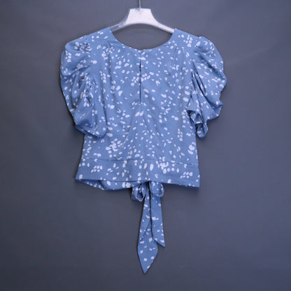 Milk & Honey Blue Polka Dot Puff Sleeve Blouse Womens XL Tie Front Button Back