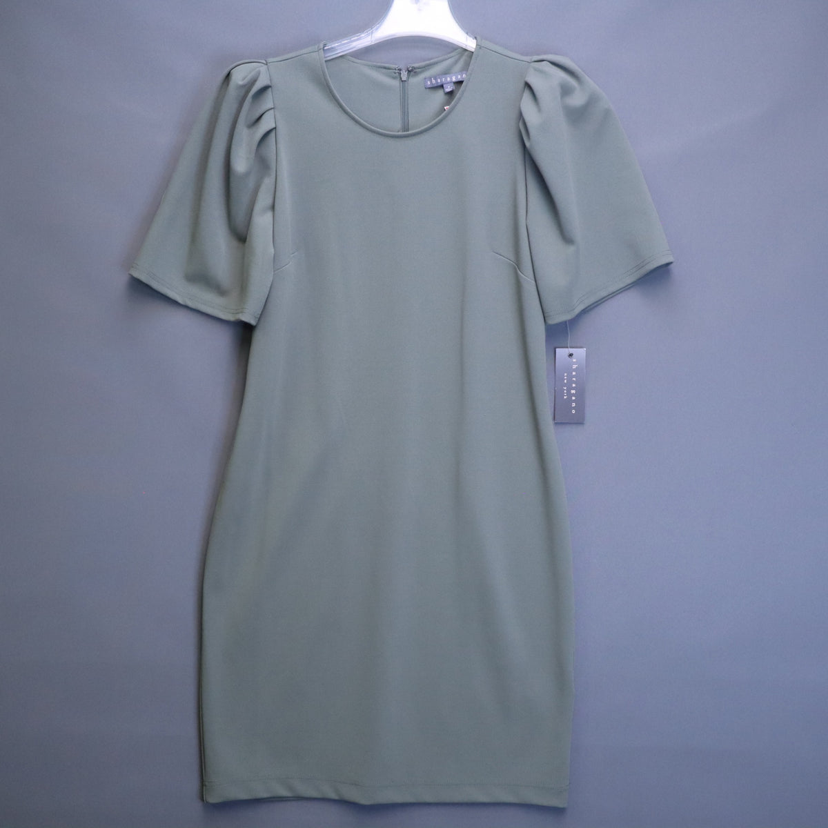 NWT Sharagano Sage Green Puff Sleeve Sheath Dress Womens Size 8 Workwear Modest