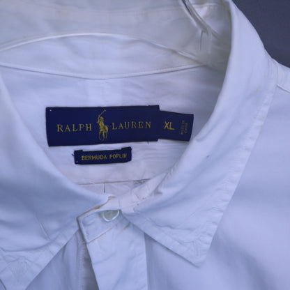Ralph Lauren Mens XL Bermuda Poplin Button Down Shirt White Long Sleeve Blue Pony