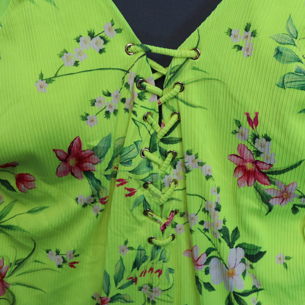 NWT Coastal Waves Neon Lime Green Ribbed Floral Lace Up One-Piece Swimsuit 3X