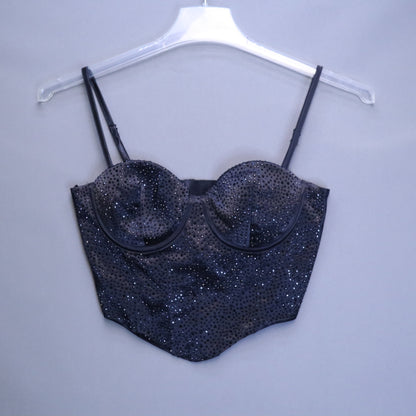 NWT Windsor Black Rhinestone Satin Corset Bustier Crop Top Womens Small $43