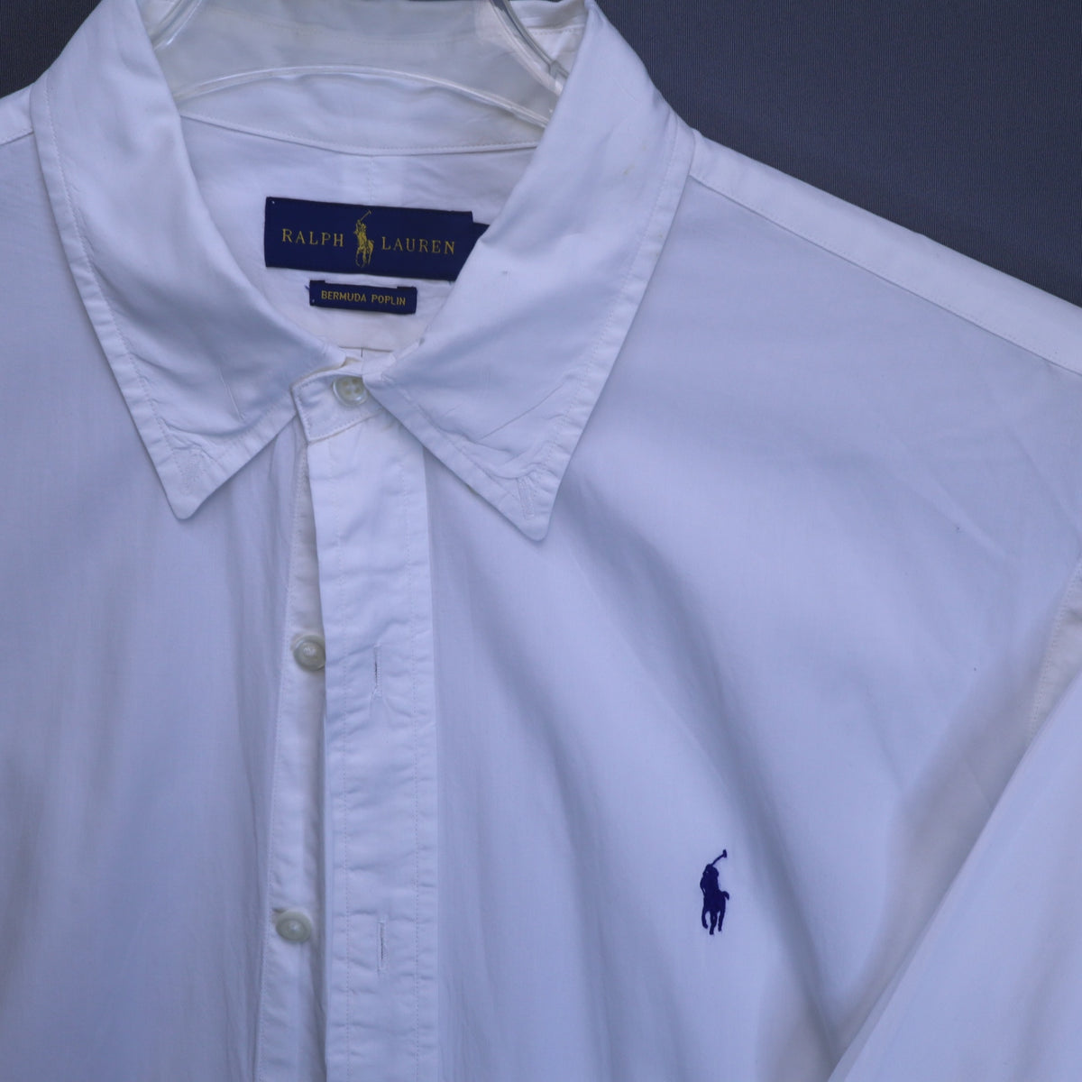 Ralph Lauren Mens XL Bermuda Poplin Button Down Shirt White Long Sleeve Blue Pony